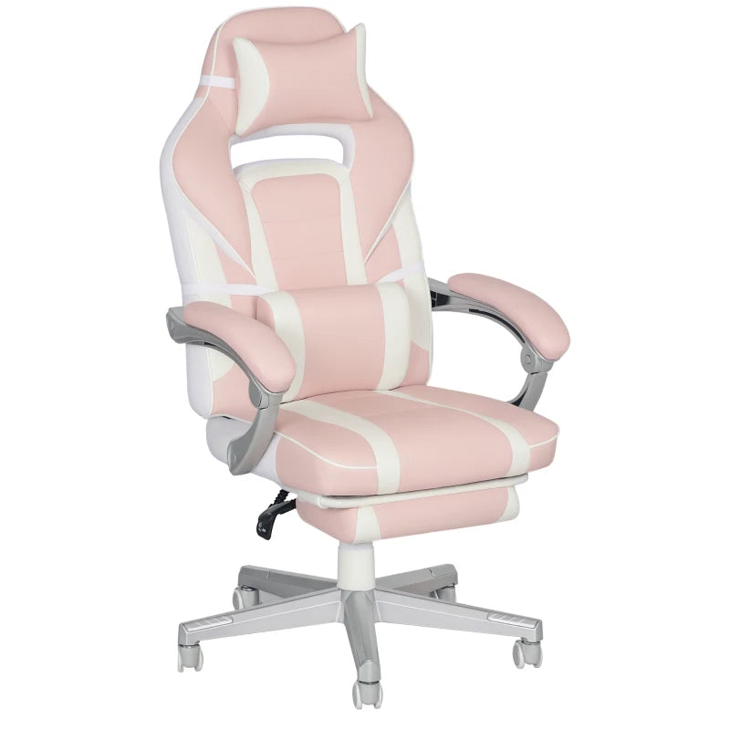 Faux Leather Pink/White Reclining Gaming Chair with Footrest - Ergonomic Comfort for Gamers