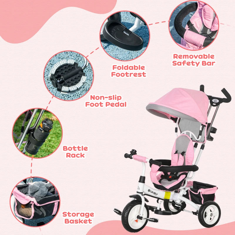6 in 1 Kids Trike Push Bike with Canopy Safety Belt Storage for Ages 1-5 Pink