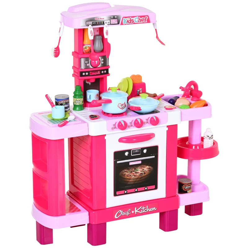 38-Piece Kids Kitchen Play Set with Realistic Sounds & Lights - Food, Utensils, Pots, Pans & Appliances - Pink Toy Game
