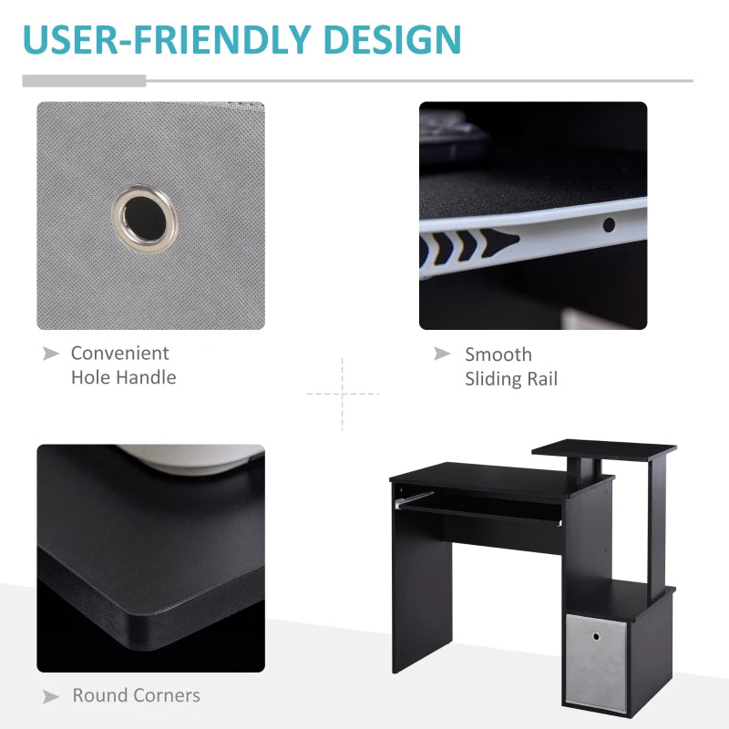 Black Computer Desk with Sliding Keyboard Tray, Storage Drawer & Shelf - Ideal Home Office Workstation