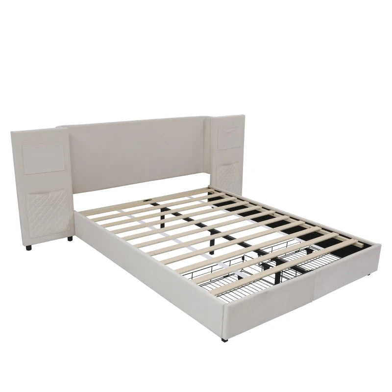 Beige Upholstered Double Bed Frame with Storage Drawers & Headboard Pockets - Velvet & Plywood, 229L x 222.5W x 87.5H cm