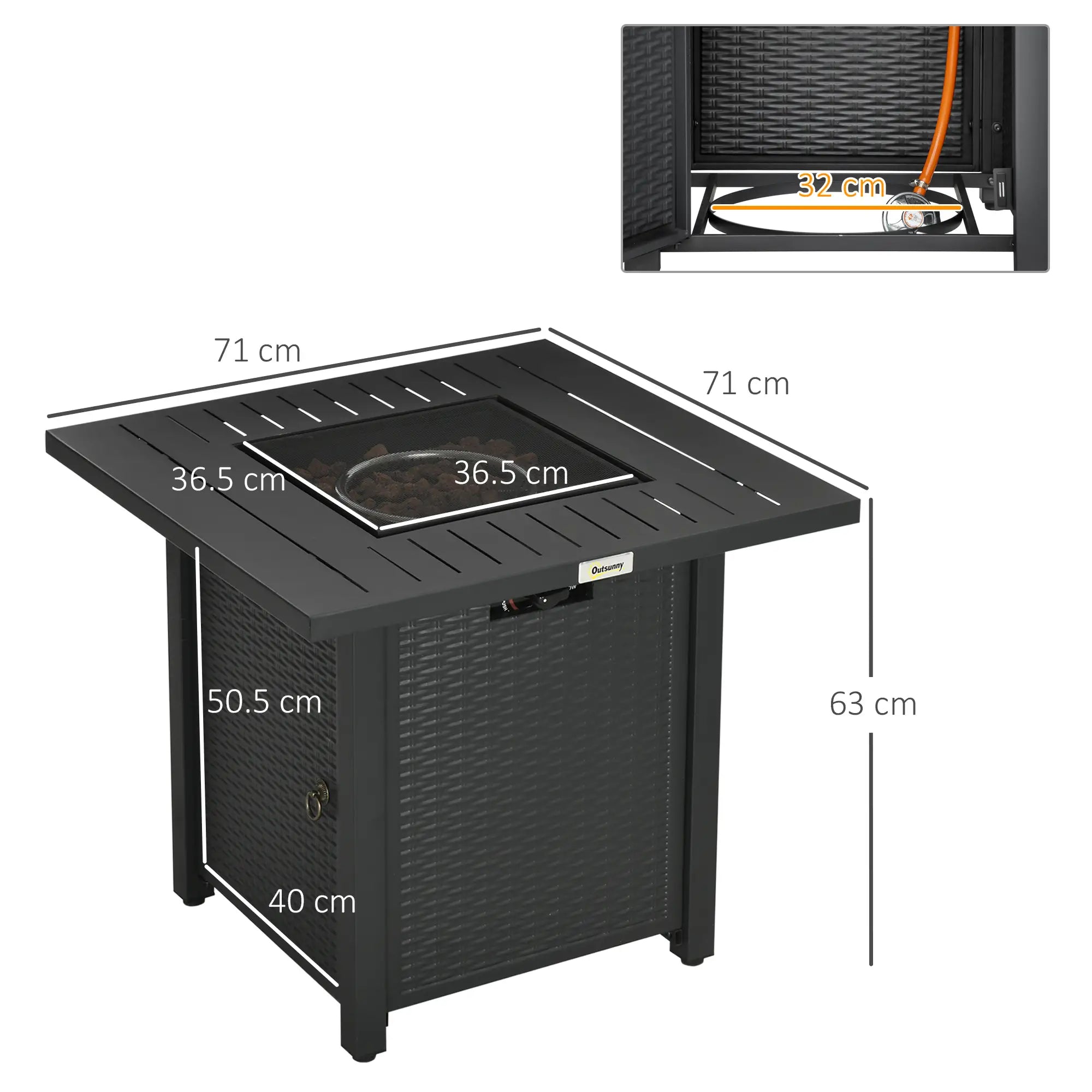 Rattan-style Propane Gas Fire Pit Table with 40,000 BTU Burner, Square Smokeless Firepit Patio Heater with Thermocouple, Lava Rocks, Waterproof Cover, Spark Guard and Lid, Black