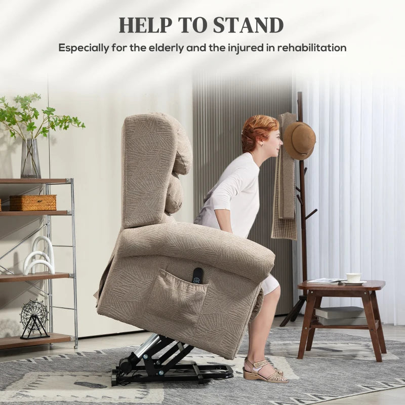 Velvet Electric Riser Recliner Chair for Elderly with Remote Control, Side Pockets and Thick Padded Back in Khaki