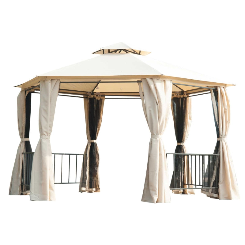 Beige 3m x 3m Hexagonal Gazebo With Curtains
