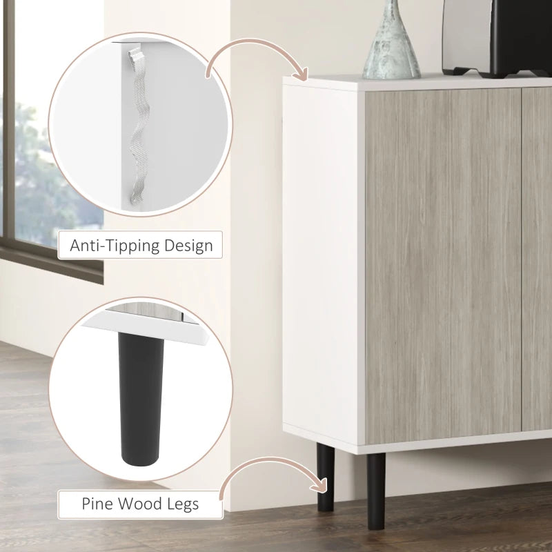 Modern White Kitchen Sideboard Storage Cabinet with Adjustable Shelves, 4 Doors & Pine Wood Legs for Living Room
