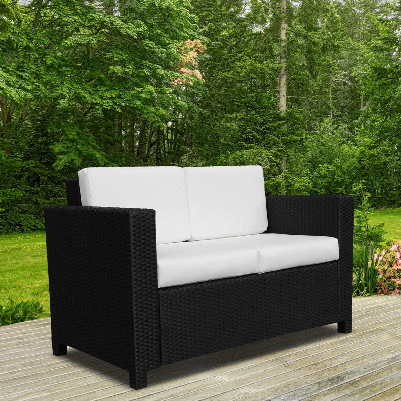 Black Rattan 2 Seater Garden Sofa with Soft Padded Cushions and Armrests - Wicker Loveseat for Patio