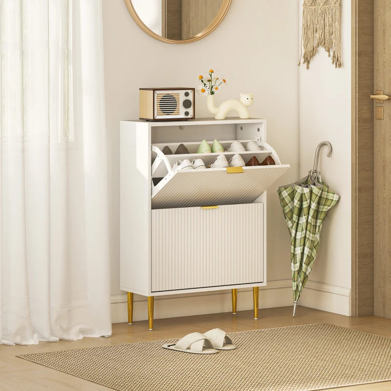 Narrow White Shoe Cabinet with 2 Flip Drawers for Space Saving Storage