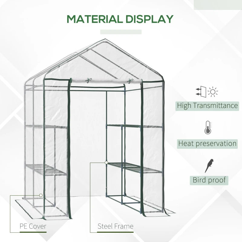 3-Tier Green Walk-in Greenhouse with Roll-up Door, Steel Frame, 143x143x195cm