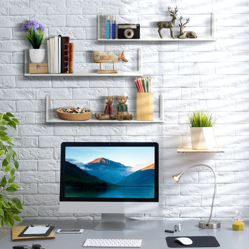 Set of 3 White Wooden U-Shaped Floating Shelves - Wall Mounted Bookshelf for Bedroom, Living Room, Kitchen Storage & Display