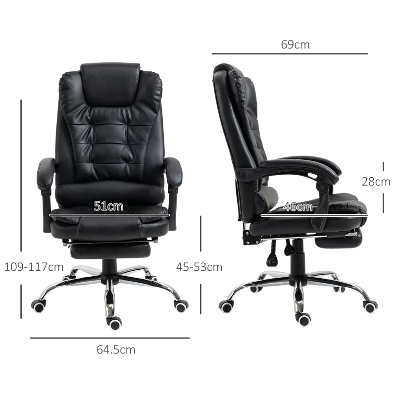 Executive PU Leather Office Chair with Swivel Wheels, Reclining Backrest & Retractable Footrest - Ergonomic Black Home Office Seating