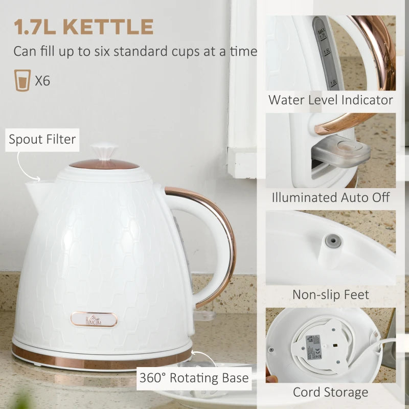 1.7L 3000W Fast Boil Kettle & 2 Slice Toaster Set - Auto Shut Off, Browning Controls, Stylish White Finish