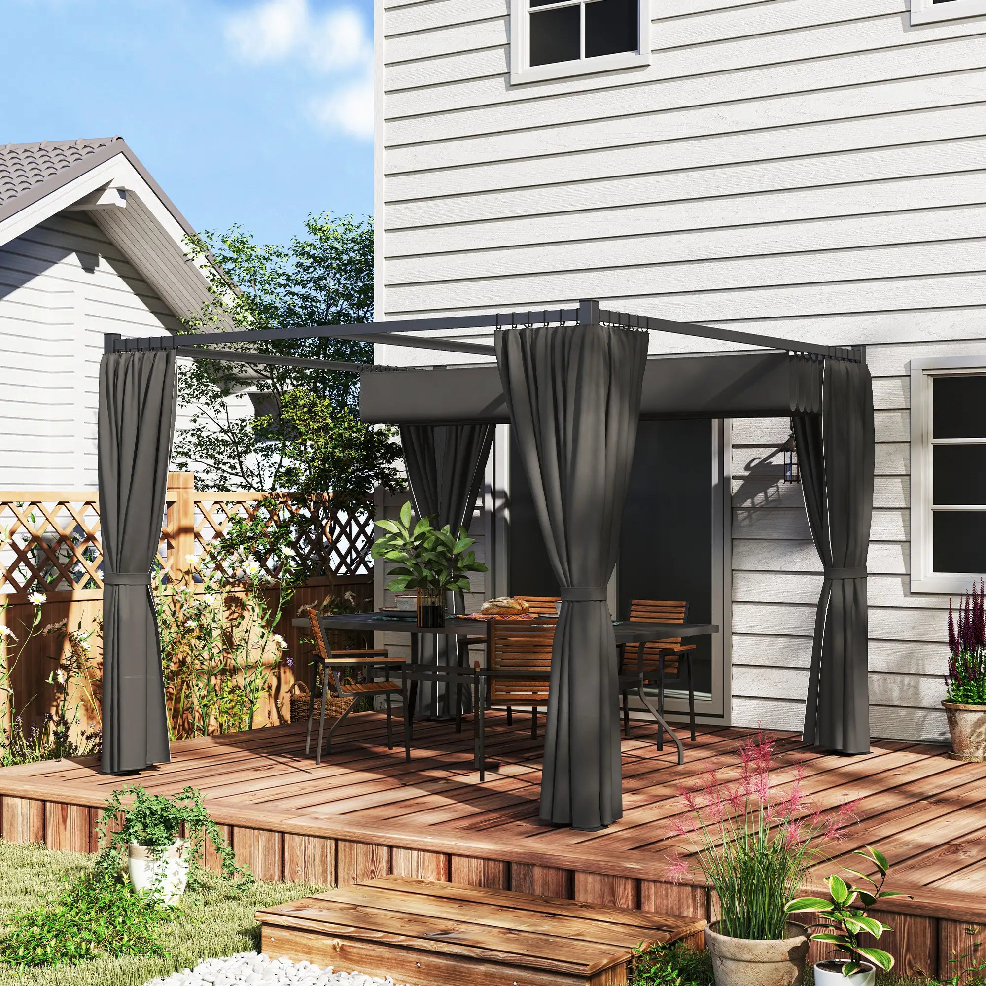Charcoal 3m x 3m Retractable Pergola Shelter with Curtains - Perfect For patios