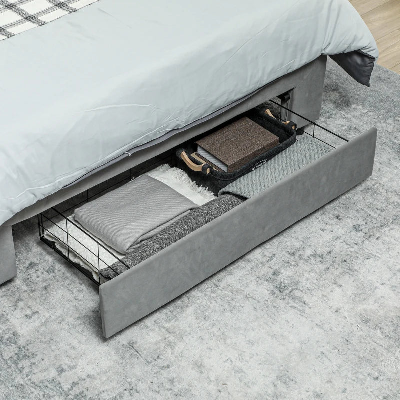 Double Size Ottoman Bed Frame with Front Drawer Stylish Grey Design 140x193.5x95cm