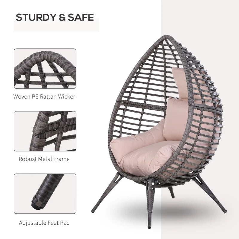 Grey Rattan Teardrop Outdoor Egg Chair with Soft Padded Cushion
