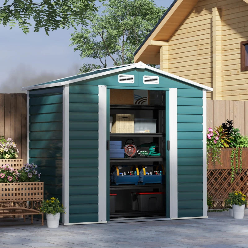 7ft x 4ft Green Metal Garden Shed - Easy Assembly, Galvanised Steel, Double Doors, Vents