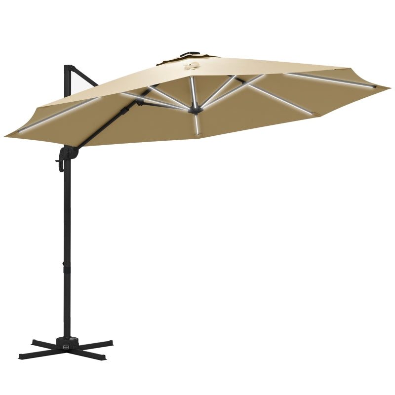 Adjustable Khaki Cantilever Parasol with Solar LED Lights & Base