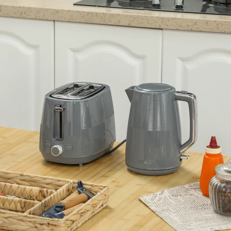 Premium Grey Kettle & Toaster Set - 1.7L Fast Boil Kettle 3000W & 2 Slice Toaster with 7 Browning Levels