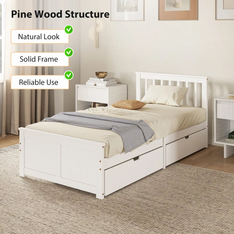 Stylish White Wooden Single Bed Frame with Storage Drawers - Perfect for Kids and Guest Rooms