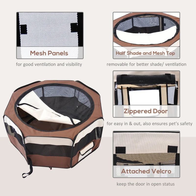 Portable Cat Dog Playpen - Indoor Outdoor Pet Pen for Puppies, Rabbits & Guinea Pigs - 90cm Diameter, 41cm Height, Brown