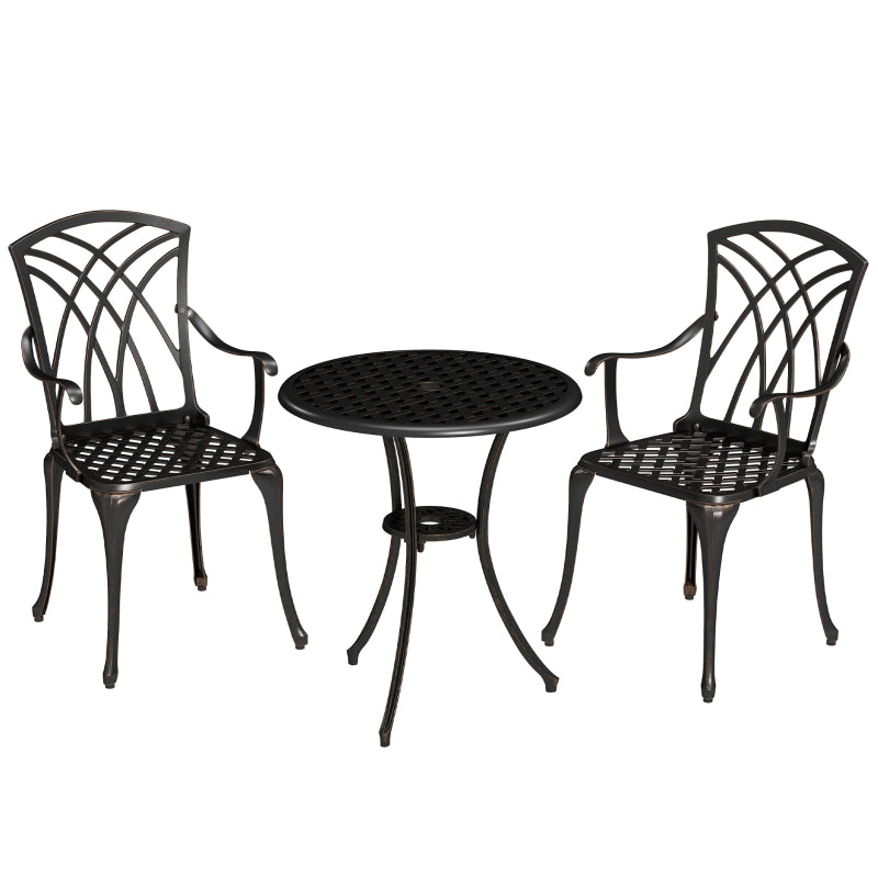 3 Pieces Bronze Tone Garden Dining Set for 2 - Cast Aluminium Outdoor Dining Set with 2 Armchairs and Round Table with Parasol Hole