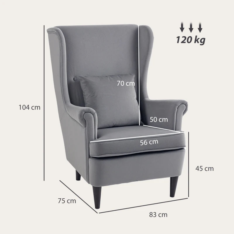 Stylish Upholstered Wingback Armchair with High Backrest and Pillow for Living Room or Bedroom in Dark Grey