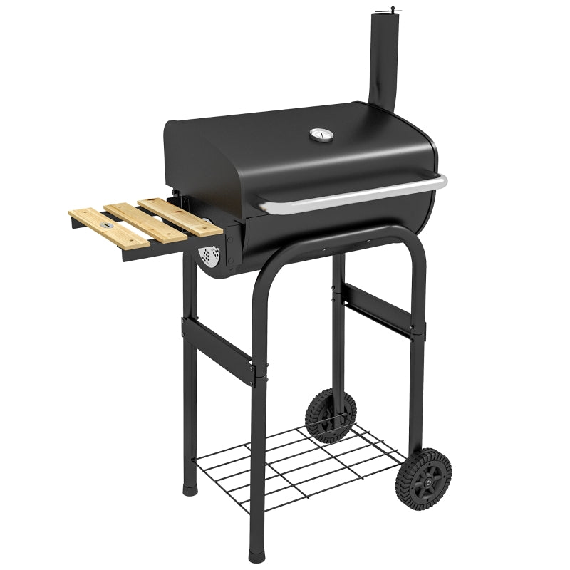 Charcoal BBQ Grill with Thermometer, Shelves, and Wheels - Black