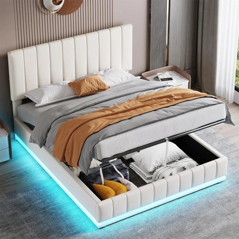 5ft Upholstered King Bed with Hydraulic Storage & RGB LED Lighting - Adjustable Headboard, Cream White, 203L x 157W x 111H cm