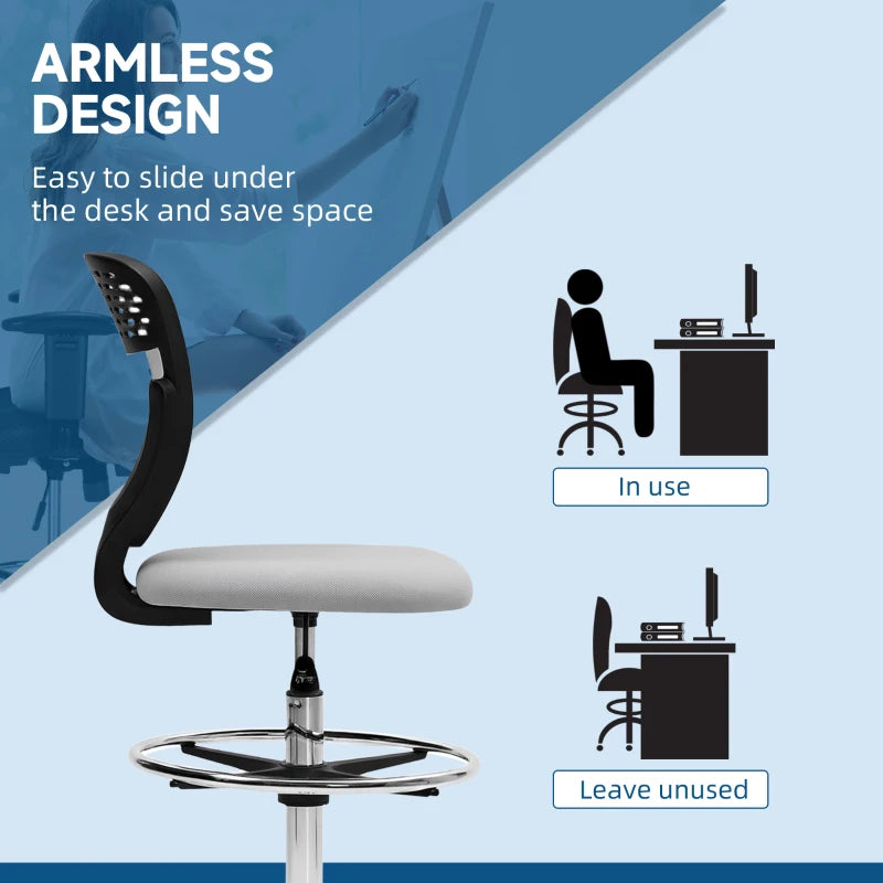 Vinsetto Light Grey Draughtsman Office Chair with Wheels, Adjustable Height 68-88cm, Ergonomic Design for Home & Office