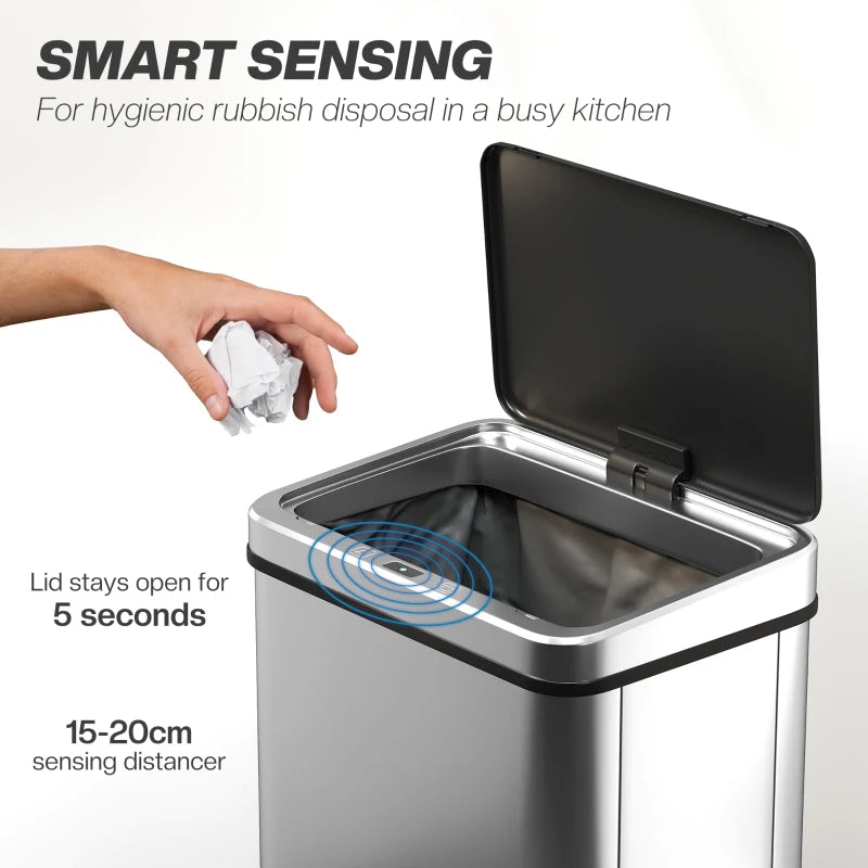 40L Touchless Sensor Bin with Soft-Close Lid - Fingerprint Resistant Stainless Steel Trash Can for Kitchen, Office & Gym - Silver