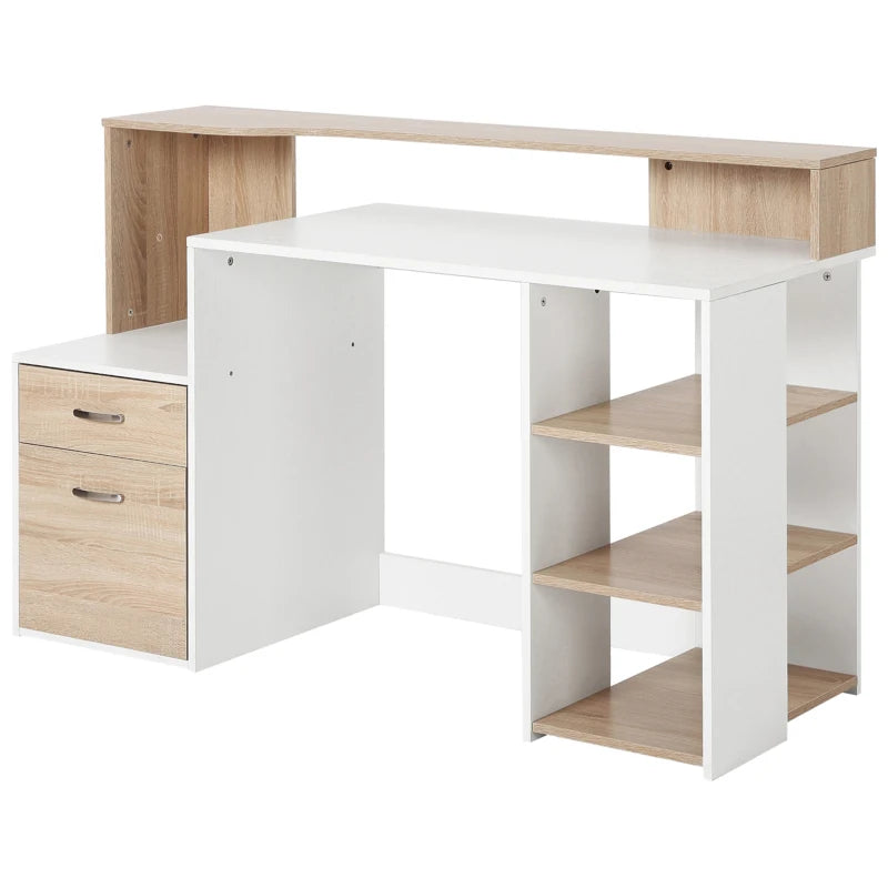 Large Oak Computer Desk with Drawers & Storage Shelves - Office Writing Table & Printer Stand for Home Office, 137x55x92cm