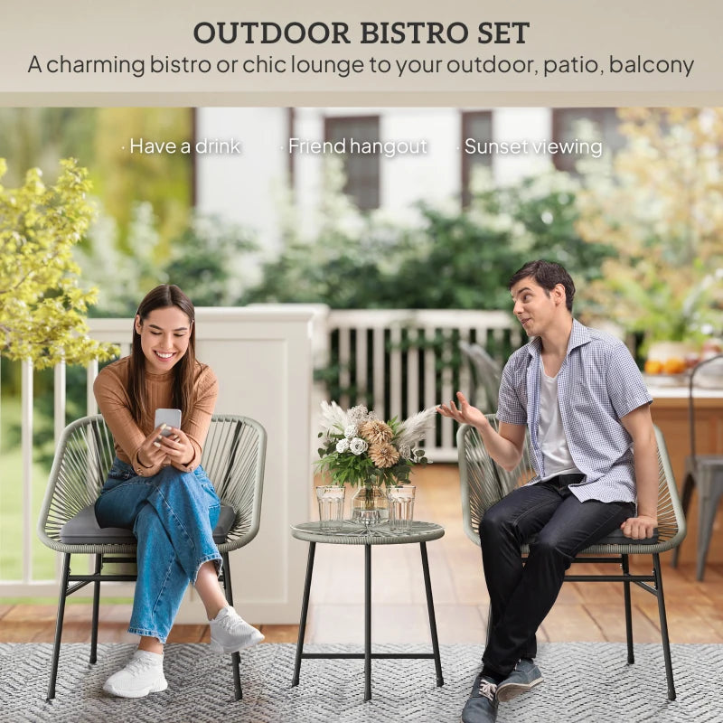 3-Piece Light Grey Rattan Bistro Set - Wicker Garden Table and Chairs with Cushions and Glass Top for Outdoor, Patio, Balcony