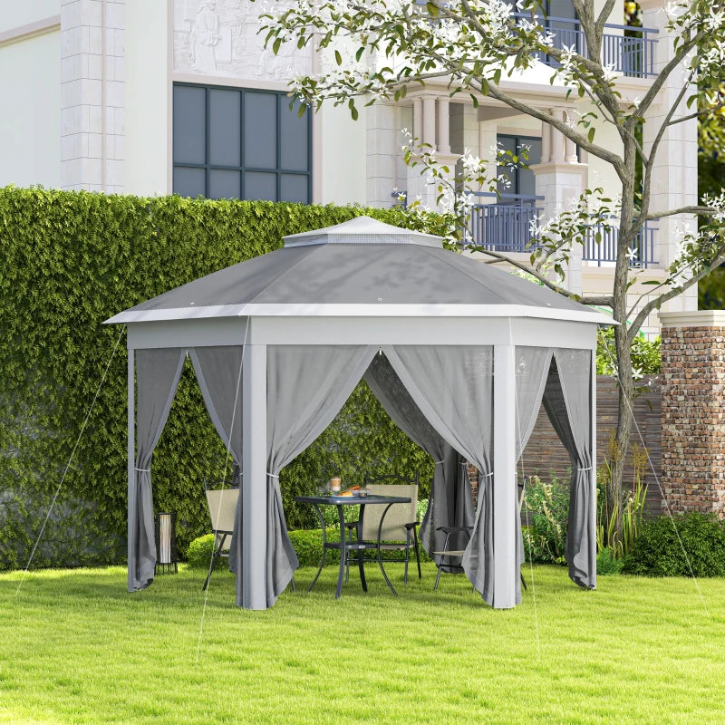 3x4m Dark Grey Hexagon Garden Gazebo - Pop Up Party Tent Canopy with Double Roof, Netting & Carry Bag for Outdoor Patio