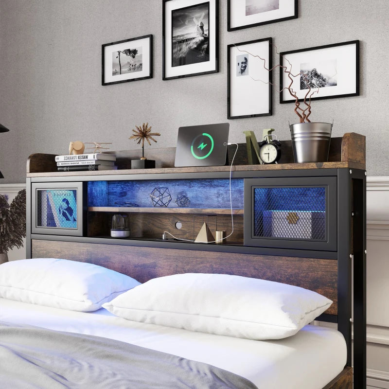 Metal Double Bed with LED Light Strip, USB Ports & 2 Drawers - Sturdy Iron Frame, Black, 207x135.5x83.5 cm