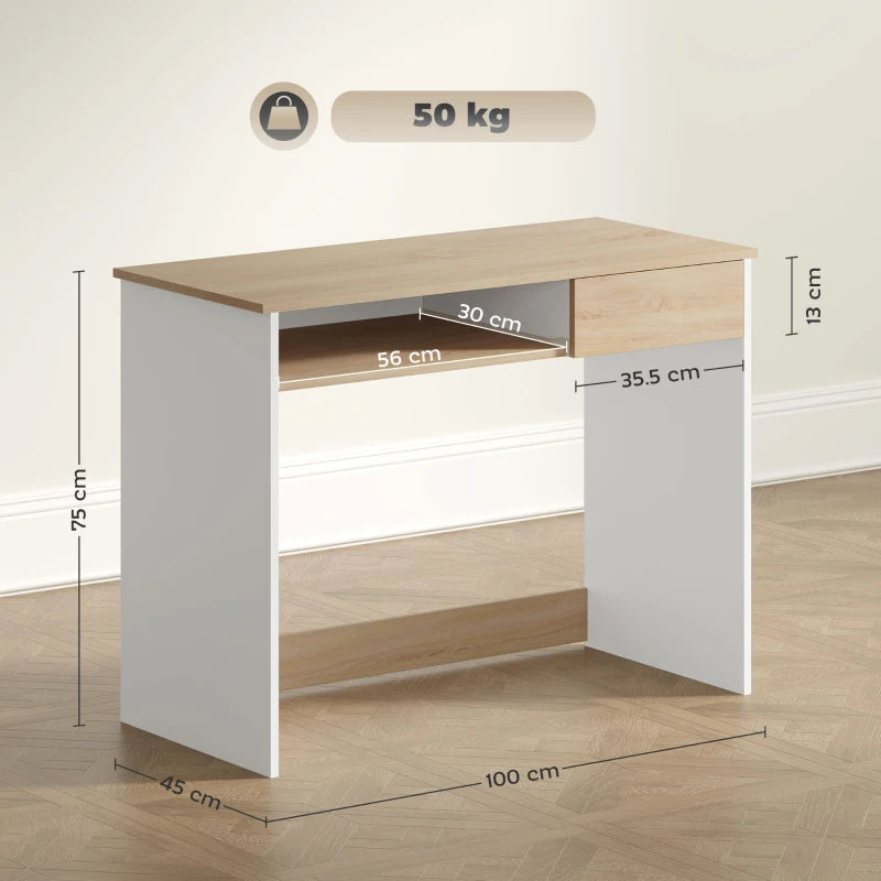 100cm Compact Oak Computer Desk with Keyboard Tray & Drawer - Ideal Home Office & Bedroom Study Furniture