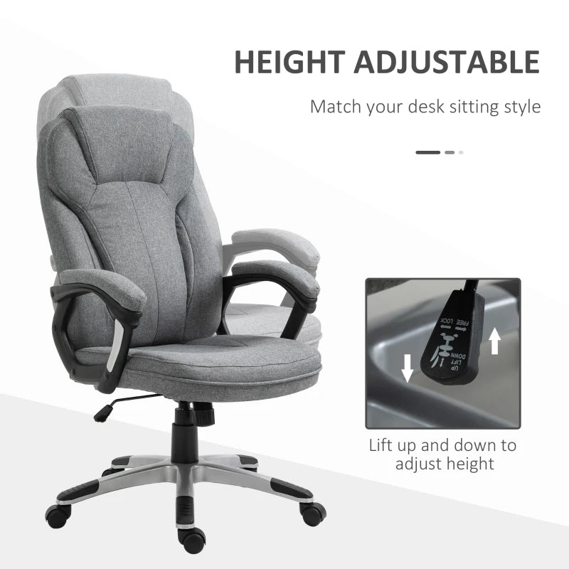 Vinsetto Grey Linen Fabric Office Chair - Height Adjustable Desk Chair with Padded Armrests, Swivel Wheels & Tilt Function