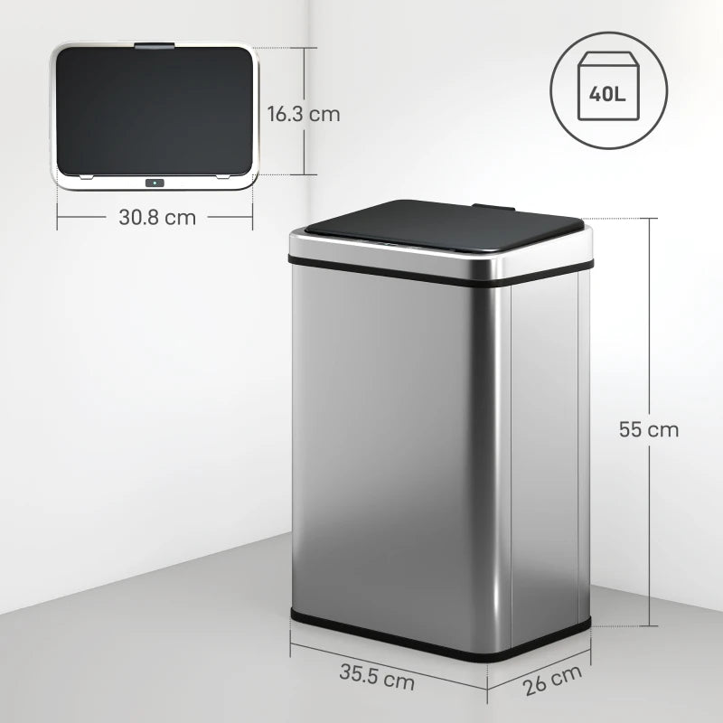 40L Touchless Sensor Bin with Soft-Close Lid - Fingerprint Resistant Stainless Steel Trash Can for Kitchen, Office & Gym - Silver
