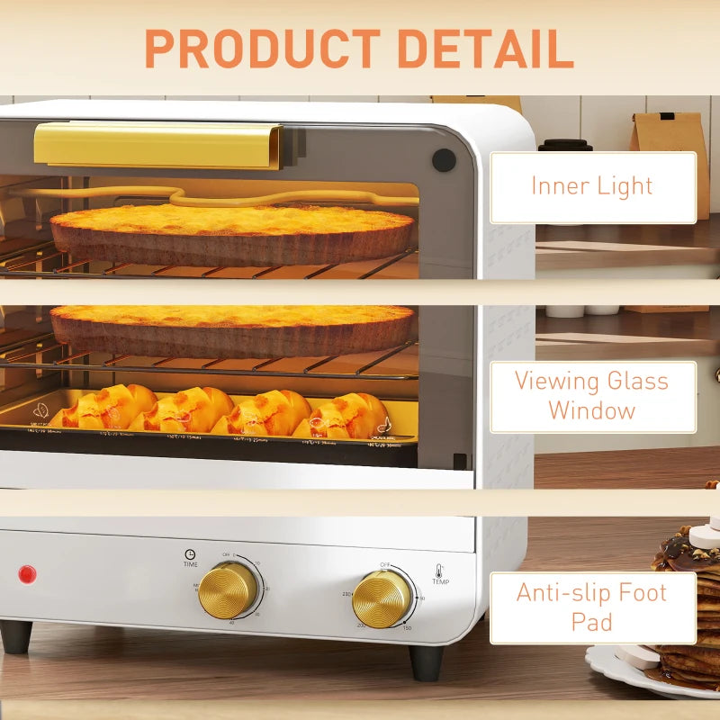 Compact 12L Toaster Oven - Multifunction Mini Countertop Oven with Glass Door, Adjustable Temperature & Timer, Stylish White Design