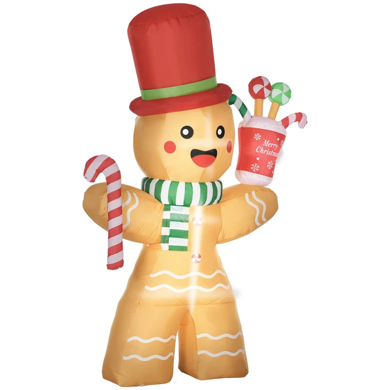 7.5ft Inflatable Gingerbread Man with Candy Cane & LED Lights - Outdoor Christmas Lawn Decoration for Parties & Holiday Displays