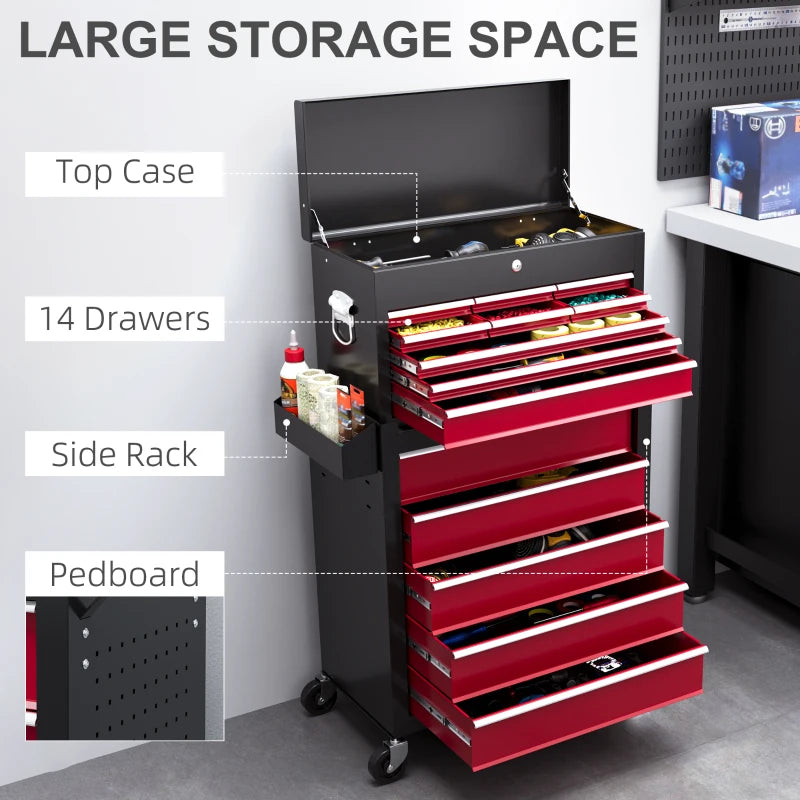 Large Tall Tool Storage Chest on Wheels -  14 Slide-Out Drawers - 2 Parts - Red & Black
