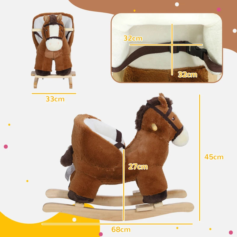 Plush Rocking Horse for Kids with Sound Wooden Base Ride On Toy for Ages 18 to 36 Months Brown