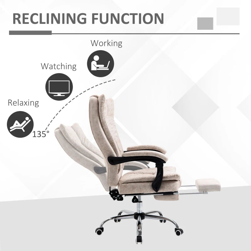 Vinsetto Microfibre Home Office Chair - Reclining Desk Chair with Armrests, Swivel Wheels & Footrest in Beige