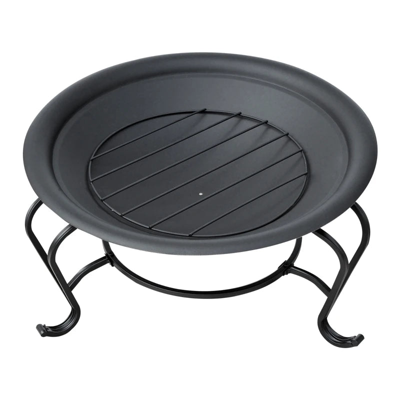 Metal Fire Pit Bowl - Round Outdoor Fire Pit with Lid, Log Grate & Poker for Backyard BBQ & Camping - 56cm