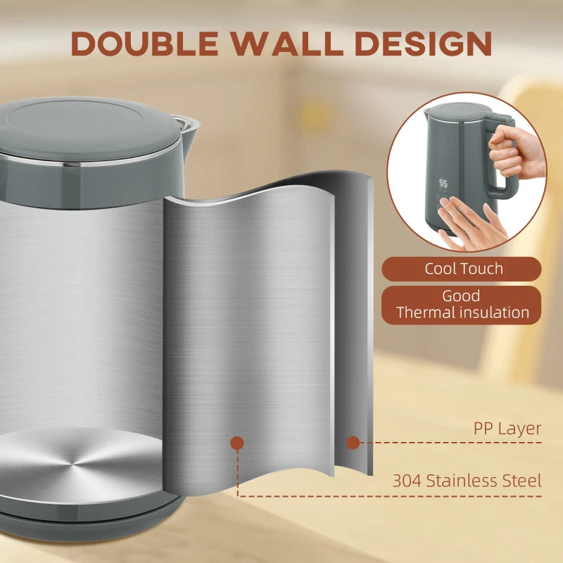 Digital Stainless Steel Kettle & Toaster Set - 1.5L Fast Boil 3000W Kettle, 2 Slice Toaster with 7 Browning Levels, Grey