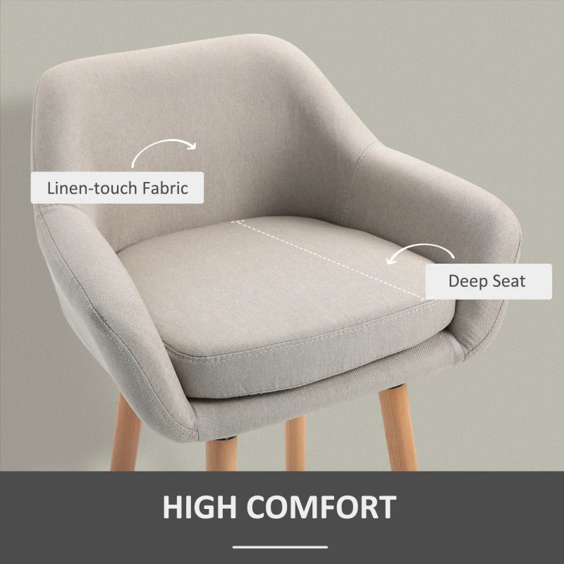 Set of 2 Modern Upholstered Bar Stools with Metal Frame & Solid Wood Legs - Beige Fabric Dining Chairs