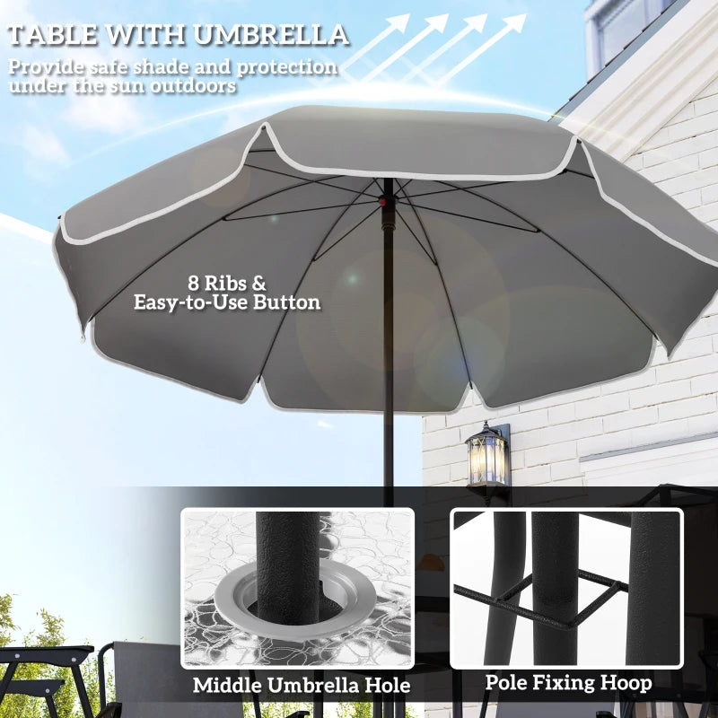 4 Seater Grey Garden Furniture Set - 6 Piece Outdoor Dining Set with Folding Chairs and Round Glass Top Table, Includes Parasol for Patio