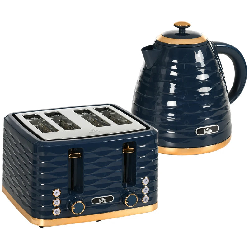 3000W 1.7L Rapid Boil Kettle & 4 Slice Toaster Set - Blue, 7 Browning Controls, Crumb Tray, Perfect Kitchen Duo