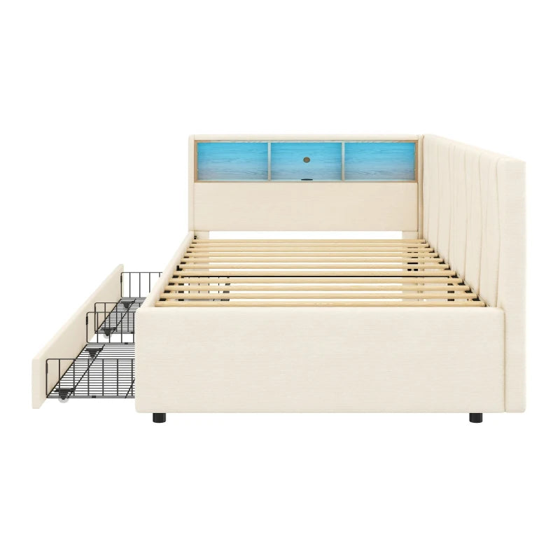 Compact Linen Daybed with Storage Drawers LED Headboard and Charging Station Beige Sofa Bed