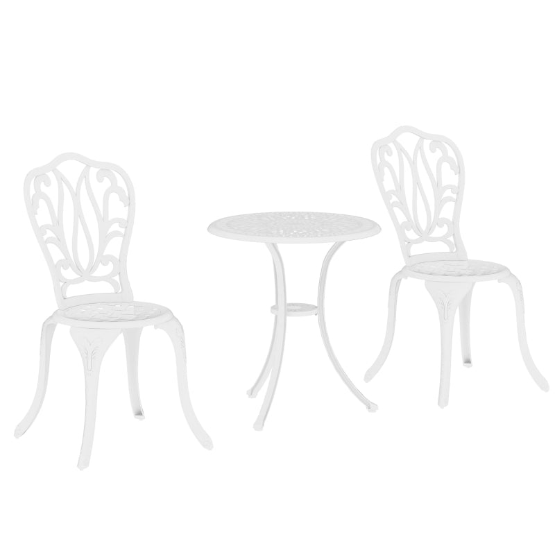 3 Piece White Cast Aluminium Garden Bistro Set with Umbrella Hole for Balcony, Porch, Patio - Outdoor Furniture