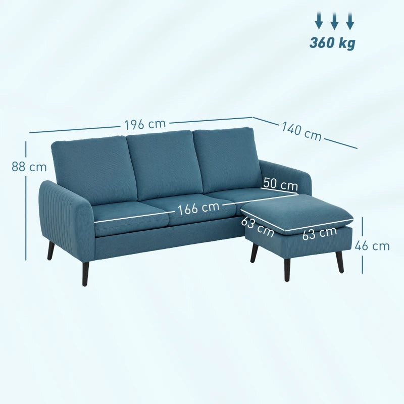 L-shaped 3 Seater Corduroy Sofa with Ottoman and Reversible Chaise for Small Living Rooms, Blue