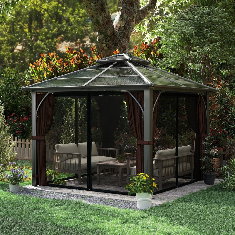 3x3m Brown Hardtop Gazebo Canopy with 7mm Double Polycarbonate Roof, Permanent Garden Pavilion with Mosquito Netting and Curtains for Patio and Deck